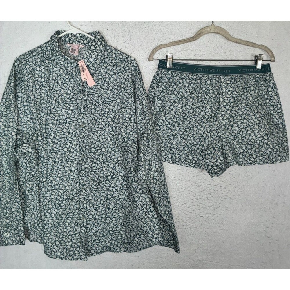 Victoria's Secret Floral Button-Up Pajama Set Collared Long Sleeve shorts sz M